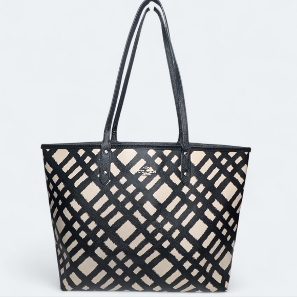 Coach City Tote Wild Plaid Black & Cream Coated Canvas Handbag Reversible Purse - Picture 3 of 16